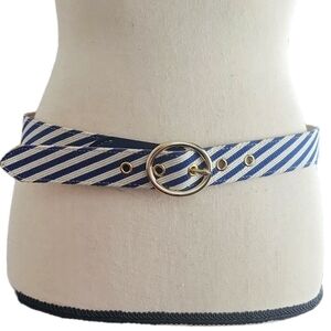 Talbots Blue & White Stripe Linen/Cotton Leather Belt Size Small NWT